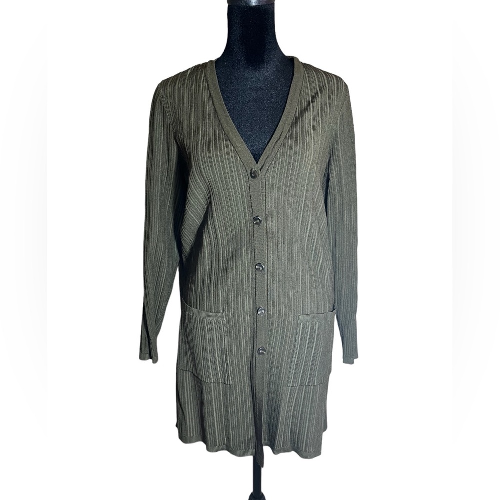 Chico’s Long Cardigan Sweater Green Button Front Pockets Women’s Size Medium